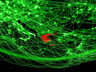 Greece on green model of planet Earth with network representing green age, travel and communication.