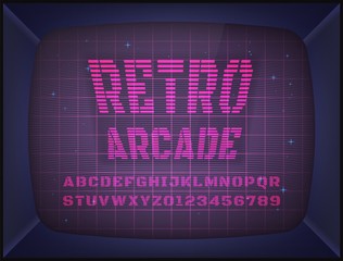 Retro arcade game machine. Screen background and font. Vector illustration. © tetsuobuseteru