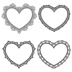 Set paattern in form of heart for Henna, Mehndi, tattoo, decoration - frame. Decorative ornament in ethnic oriental style, Indian style. Coloring book page.