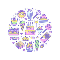Sweet food round poster with flat line icons. Pastry vector illustrations - lollipop, chocolate bar, milkshake, ice cream, birthday cake, donut, candy shop. Cute circle brochure for confectionery