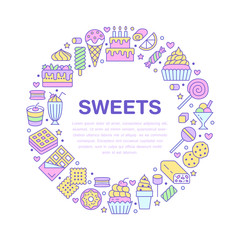 Fototapeta na wymiar Sweet food round poster with flat line icons. Pastry vector illustrations - lollipop, chocolate bar, milkshake, cookie, birthday cake, donut, candy shop. Cute circle brochure for confectionery