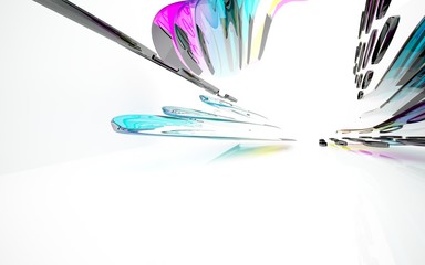 abstract architectural interior with colored smooth glass sculpture. 3D illustration and rendering