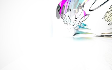 abstract architectural interior with colored smooth glass sculpture. 3D illustration and rendering