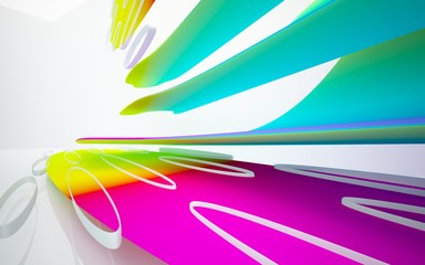 abstract architectural interior with colored smooth sculpture. 3D illustration and rendering