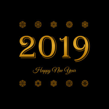 2019 happy new year greeting card. gold text and snowflakes on black background. vector illustration