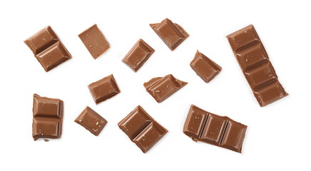 Chocolate bars isolated on white background, top view