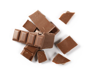 Chocolate bars isolated on white background, top view