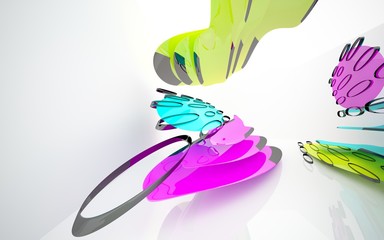 abstract architectural interior with colored smooth sculpture. 3D illustration and rendering