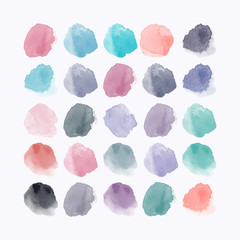 Set of colorful watercolor hand painted round shapes, stains, circles, blobs isolated on white. Illustration for artistic design