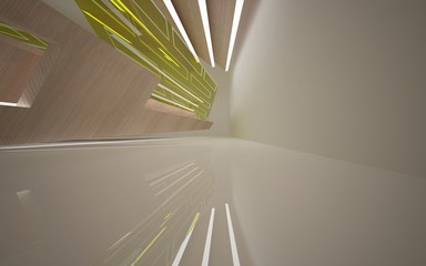 Abstract white interior of the future, with green glass, wood and neon lighting. 3D illustration and rendering