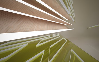 Obraz premium Abstract white interior of the future, with green glass, wood and neon lighting. 3D illustration and rendering