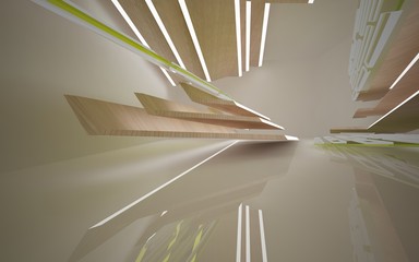Abstract white interior of the future, with green glass, wood and neon lighting. 3D illustration and rendering