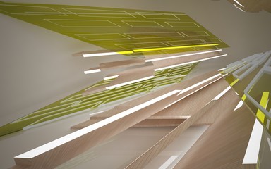 Abstract white interior of the future, with green glass, wood and neon lighting. 3D illustration and rendering