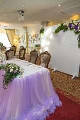 purple wedding decor, registration details restaurant