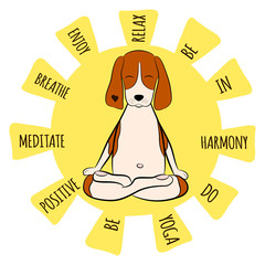 Image of a cartoon funny dog beagle sitting on lotus position of