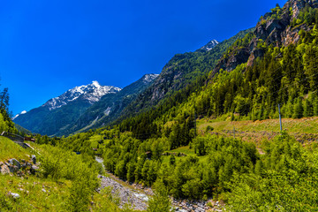 Fototapeta na wymiar Mountain river in Swiss Alps mountains, Sankt Niklaus, Visp, Wal