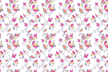 Vector seamless pattern hand drawn air contour of abstract bright pink, purple and golden flowers on white background for textile, wrapping, cover page, card, carton, banner, ceramic tile, fabric.