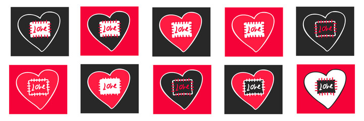 Vector hearty set. Hand drawn isolated black, red and white hearts in outline with patch sewn thread and word Love in square on white background for design.