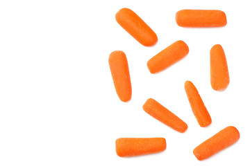 group of organic small baby carrots isolated on a white background. Top view