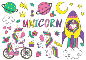 set of isolated cute unicorn and elements part 2 - vector illustration, eps