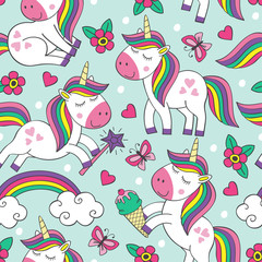 Obraz na płótnie Canvas seamless pattern with cute little unicorns - vector illustration, eps