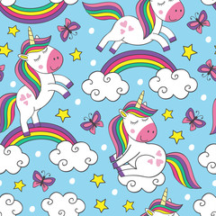 seamless pattern with little unicorns in sky   - vector illustration, eps