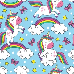 Wallpaper murals Unicorn seamless pattern with little unicorns in sky   - vector illustration, eps