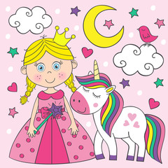 beautiful little princess  with unicorn  - vector illustration, eps