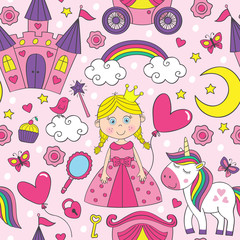 seamless pattern with beautiful princess and castle  - vector illustration, eps