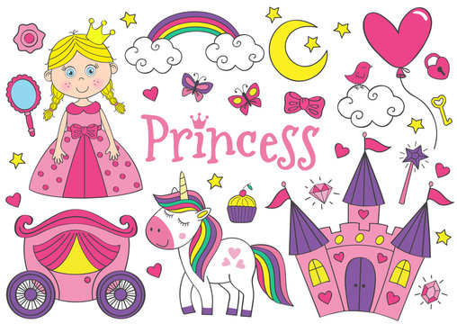 set of isolated cute princess and design elements  - vector illustration, eps