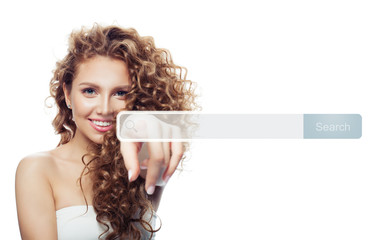 Isolated young woman student pointing to empty address bar in virtual web browser
