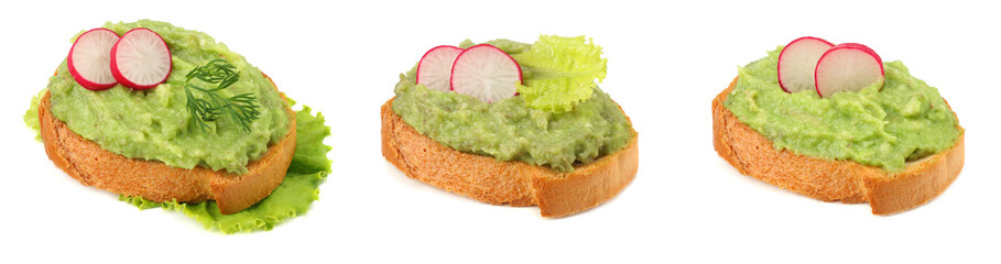 sandwich with avocado cream isolated on white background. Healthy food