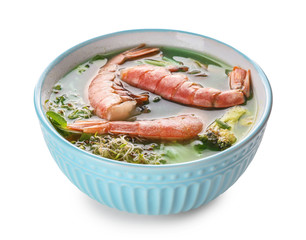 Tasty Chinese soup in bowl on white background