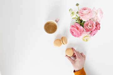 cookies and coffee with flowers in white background