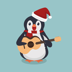 penguin wearing  hat and scarf with guitar