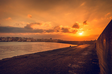 view of old harbour of Heraklion with the Venetian castle Koules at dusk.