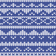 Vector seamless christmas sweater pattern. Blue and white knitted background. Natural material fabric.