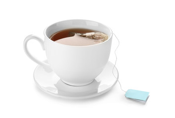 Cup of hot tea on white background