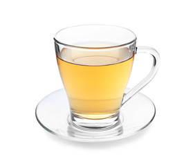 Cup of hot tea on white background