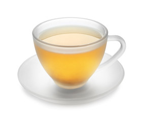 Cup of hot tea on white background