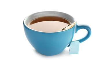 Cup of hot tea on white background