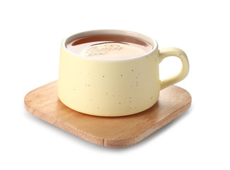 Cup of hot tea on white background