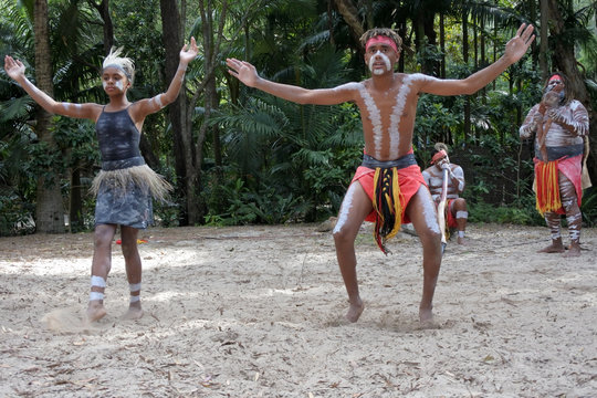 Indigenous Australians.People Dancing to Didgeridoo Musical Instrument Sound Rhythm