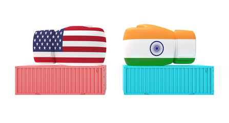 Realistic boxing gloves USA vs china  flags facing each other on container isolated on white background. 3d illustration 