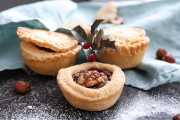 Tasty mince pies on grunge table