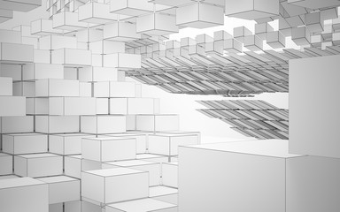 Abstract white interior highlights future. Polygon drawing . Architectural background. 3D illustration and rendering