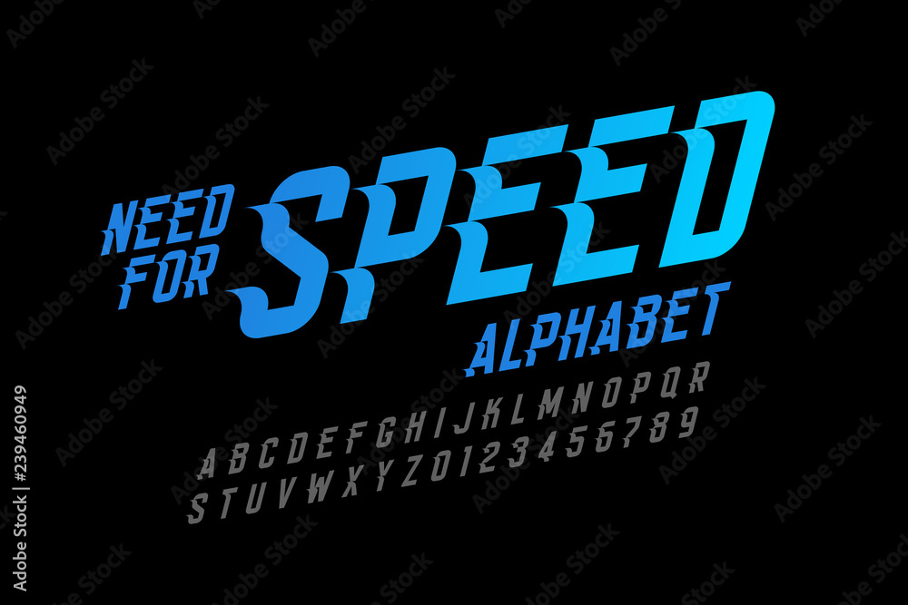 Fototapete speed style font, need for speed alphabet letters and numbers