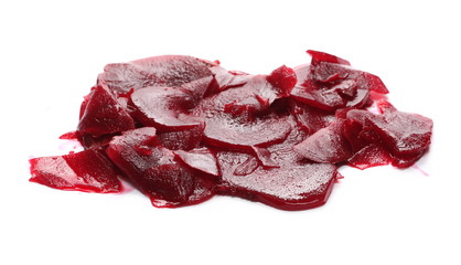 Fresh, cooked beetroot slices isolated on white background