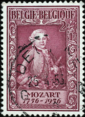 Portrait of Mozart on vintage postage stamp