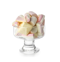 Glass with tasty marshmallows on white background